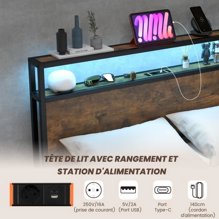 Cadre De Lit Flottant Avec LED 160x200 Cm - Lit Plateforme Métallique, Télécommande, Ports USB, Noir