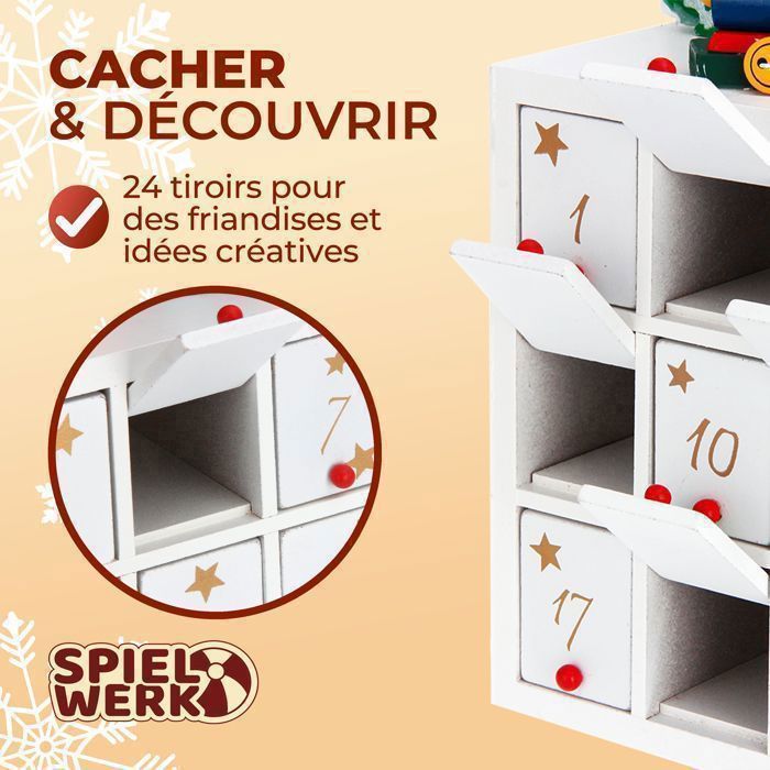 Spielwerk Calendrier Avent Père Noël – LED Blanc Chaud – 24 Tiroirs – Bois 3D – À Remplir – Réutilisable – 35,5x26,9 Cm