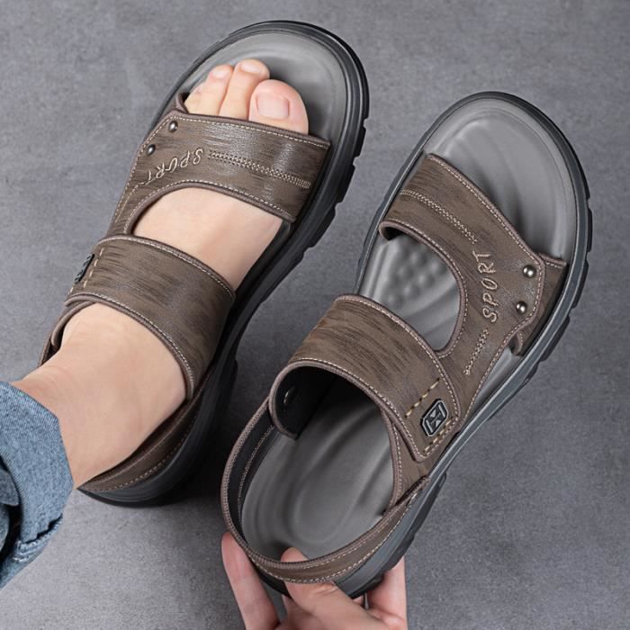 Sandales Homme en Cuir Couleur Unie pour Plage, Piscine et Mer