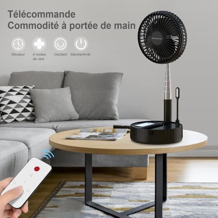 Ventilateur USB Portable Rechargeable – Batterie 4000 MAh – 5 Vitesses – Rotation 360° – Silencieux – Pour Bureau, Chambre, Déplacements