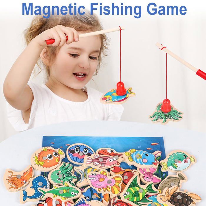 NHPY – Jeu De Pêche Magnétique En Bois – 33 Pièces – 31 Poissons + 2 Cannes – Jouet éducatif Dès 2 Ans – Cadeau Garçon Fille