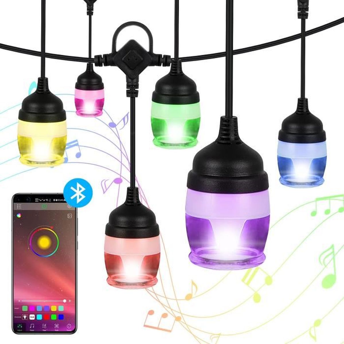 Ampoule d'extérieur RGB ，LED guirlande lumineuse de contrôle du son Bluetooth，Jardin, Terrasse