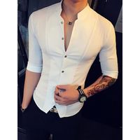 Chemise,Chemise cintrée à col montant pour homme,vêtement de Style chinois,demi-manche,à la mode,couleur unie,pour - white-Asia Size