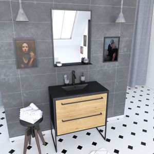 MEUBLE VASQUE - PLAN Meuble de salle de bain 80x50cm NOIR MAT - 2 tiroi