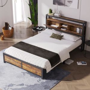 STRUCTURE DE LIT Lit double 140 x 200 cm avec tête de lit rangement et sommier à lattes en métal,cadre de lit en métal lit enfant couleur bois noir