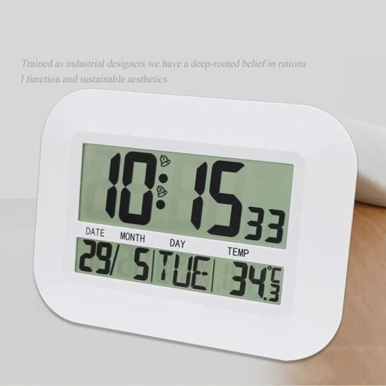 Horloge Réveil Mural Numérique Avec Thermomètre et Calendrier Multifonction Silencieux Lcd