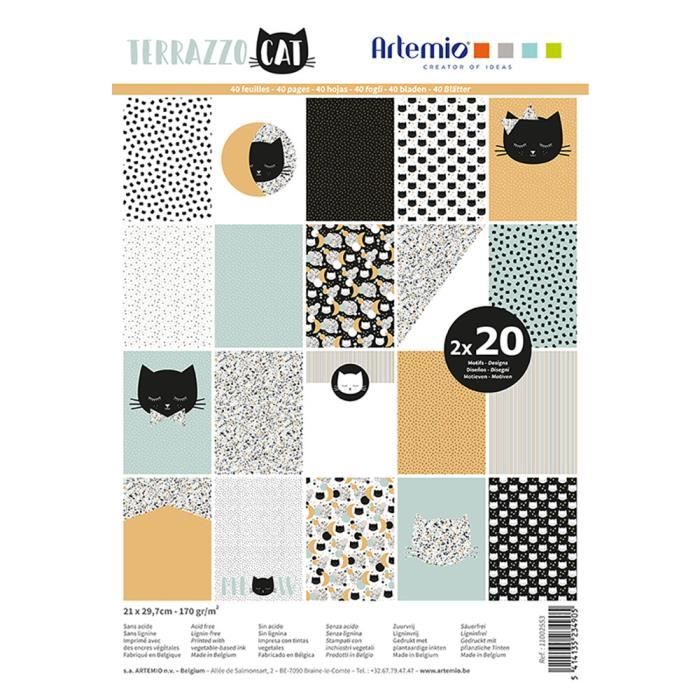 Bloc de 40 feuilles de papier scrapbooking A4 'Terrazzo cat' d'Artemio