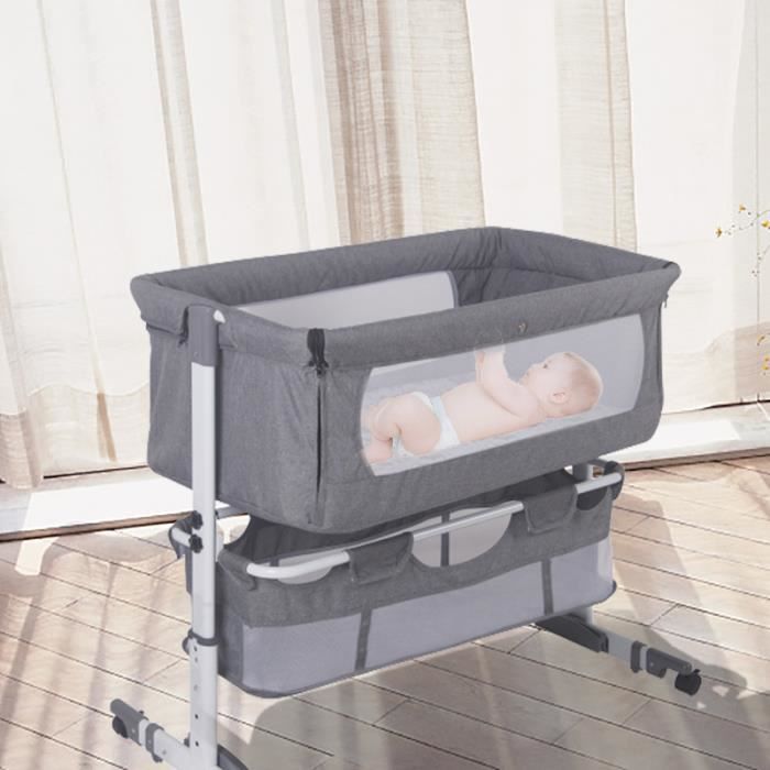 Lit Bébé Cododo JNIS - Berceau Cododo Bébé avec Matelas,Hauteur Réglable, Fenêtre en Filet, Roues 0-6 Mois, 9 kg