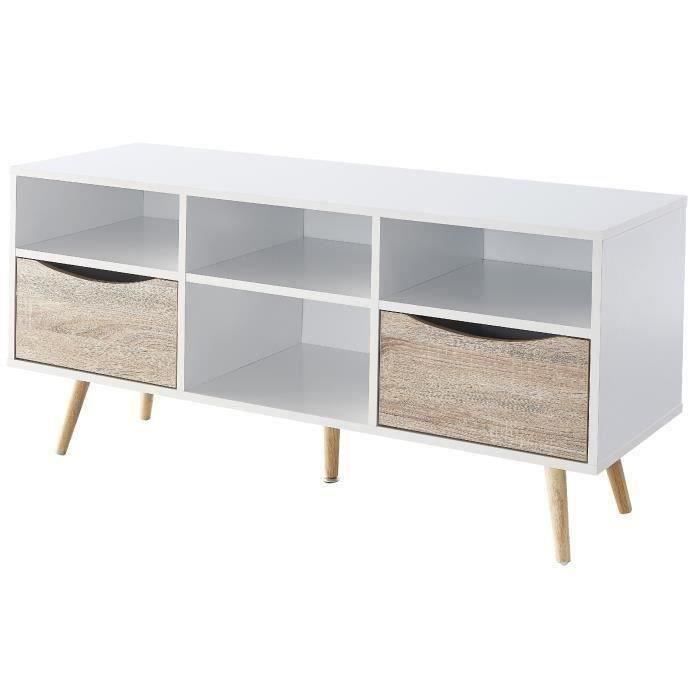 MOB Meuble TV scandinave blanc et décor chêne mat + pieds en bois massif - L 90 cm