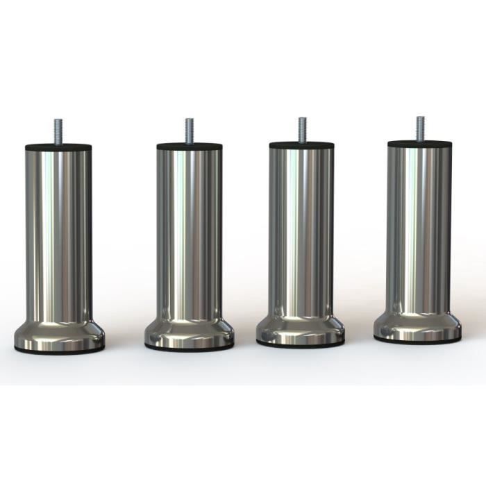4 Pieds de Lit, Sommier Tapissier, en Acier, Finition Inox Brossé ,15 cm ø 51 mm avec Socle 70 mm Vis M8 à visser