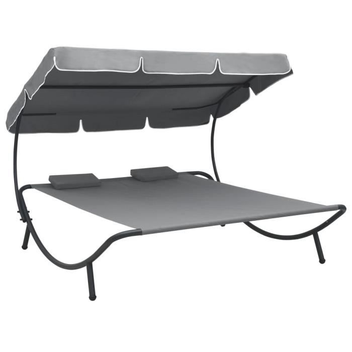 Top confort - Lit Grand Lit de repos d'extérieur- Lit de jardin LIT DE CAMP - avec auvent et oreillers Gris FLO3953