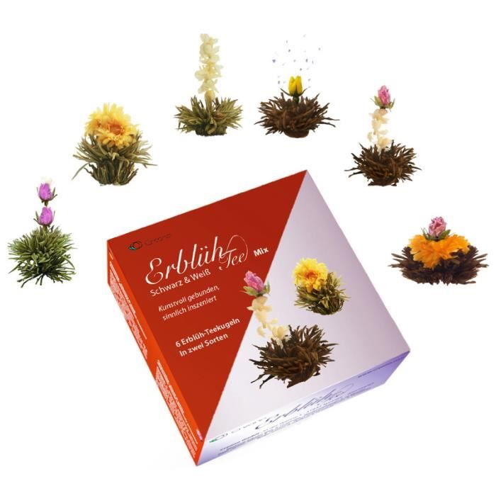 Creano Tea Flowers Mix - Thé en fleurs dans une noble boîte cadeau - Thé blanc et noir 6 différentes sortes de roses de thé
