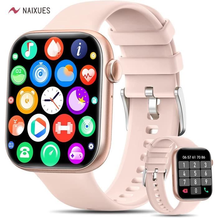 NAIXUES Montre Connectée Femme avec Appel Bluetooth Assistant Vocal 123 Modes Sportifs Fonction Féminine Musical SpO2 Sommeil