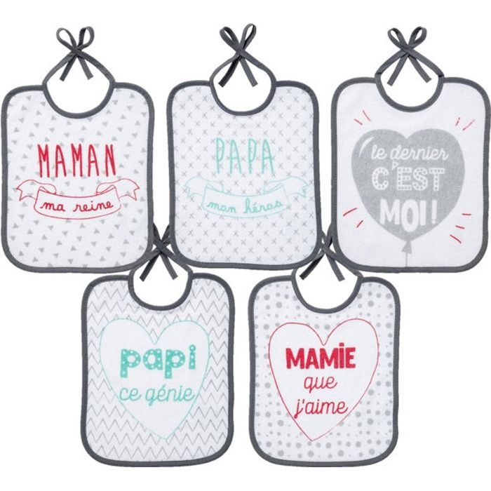 BABYCALIN Lot de 5 Bavoirs Naissance Message Famille - 20 x 25 cm