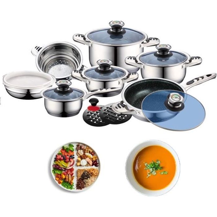Batterie de Cuisine Inox avec Couvercle en Verre - Tous Feux et Induction, 16 pièces - Non PFOA - Royal Swiss