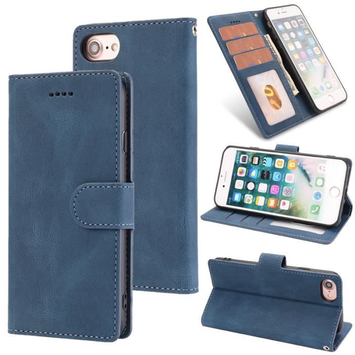 Étui iPhone SE 2020, Portefeuille à Rabat Porte-Cartes en Cuir Housse Protection Simple Ultra-fin Support, Bleu