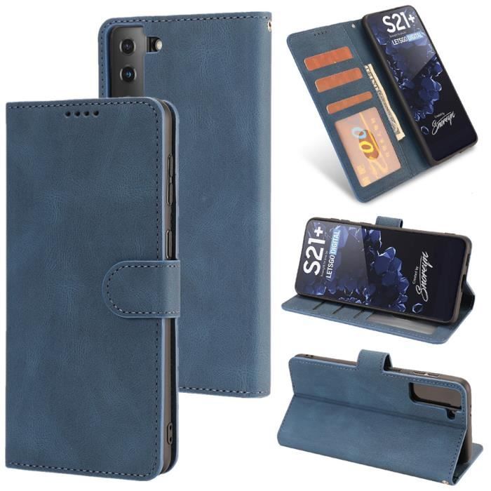 Étui Samsung Galaxy S21 Plus (5G), Portefeuille à Rabat Porte-Cartes en Cuir Housse Protection Simple Ultra-fin Support, Bleu