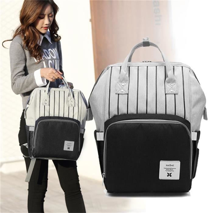 Noir mode couches grande capacité multi-fonction sac de soins enfants voyage rayé sac à dos bébé sac à langer biberon