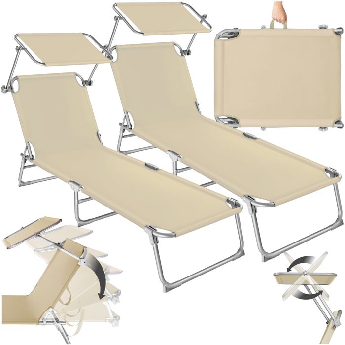 TECTAKE Transat Jardin de Bain Pliant Inclinable avec Pare Soleil en Acier 190 cm Beige x 2