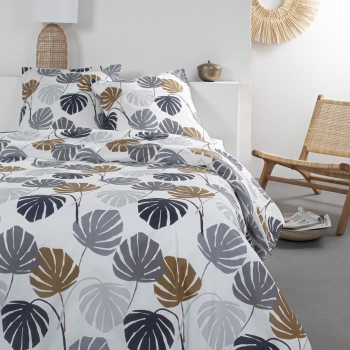 Parure de lit Sunshine - 2 personnes - 220 x 240 cm - 100% coton - Blanc Motif Tropical - TODAY