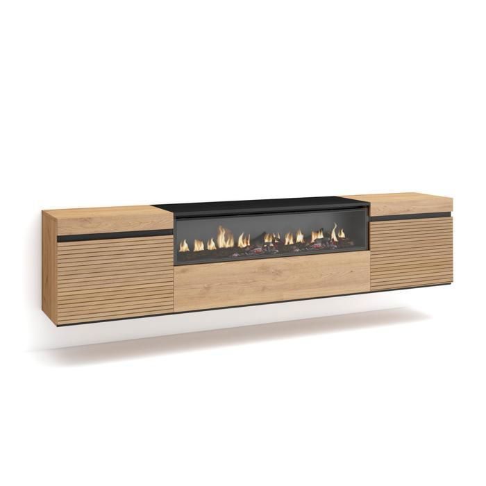 Meuble TV Banc Télé 200x35x45 cm Pour les TV jusquà 80 feu électrique Suspendu Mural Chêne RF3317 Meuble TV Banc Télé 200x35x45 cm Pour les TV jusquà 80 feu électrique Suspendu Mural Chêne RF3317