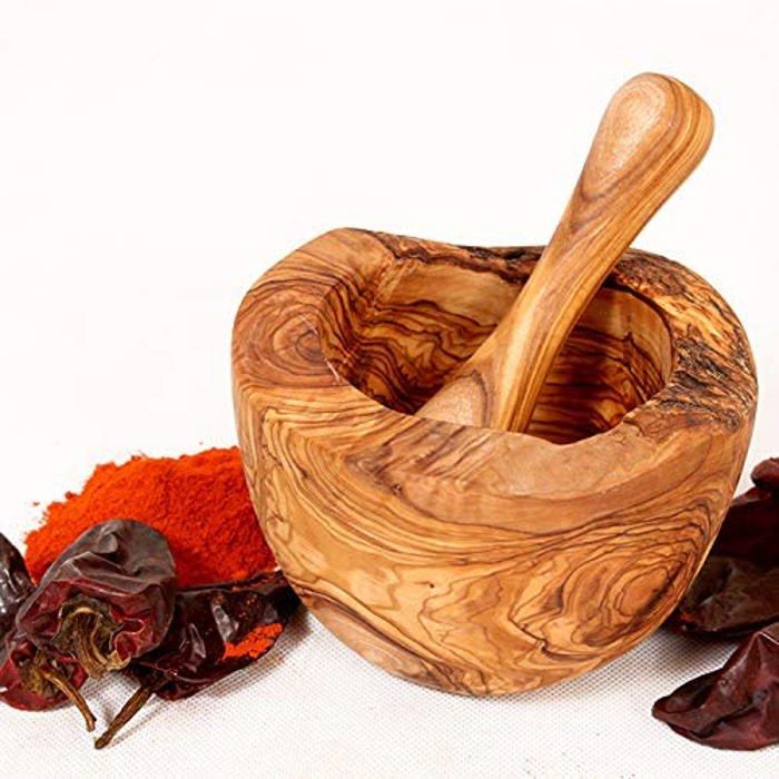 Mortier Avec Pilon En Bois D'Olivier 12 Cm - Fait Main Avec Bord Naturel - Mortier Cuisine Herbes Et Épices
