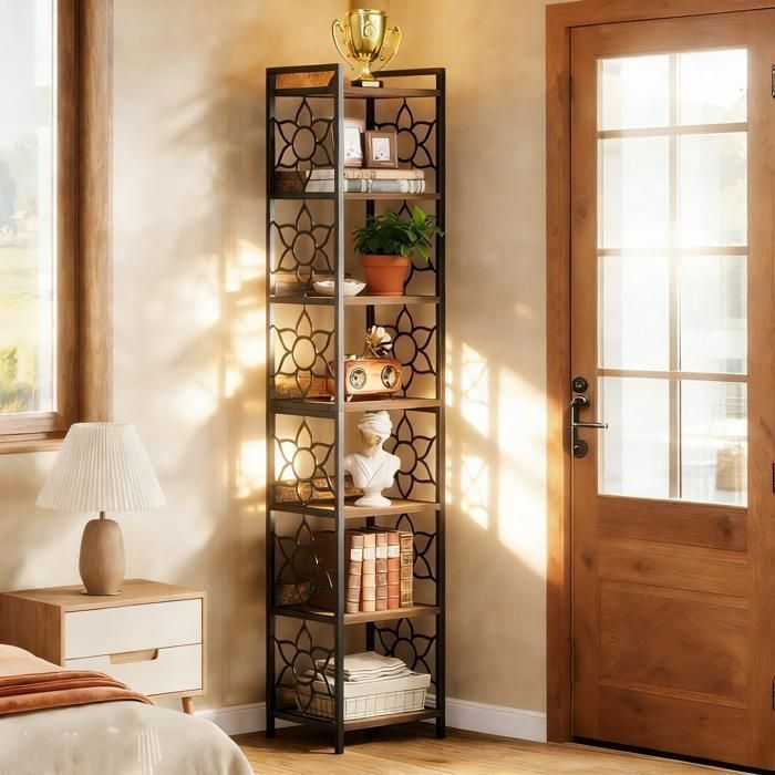 Étagère dangle à 7 niveaux – Bibliothèque étroite et haute 200cm meuble de rangement et de présentation pour petits espaces