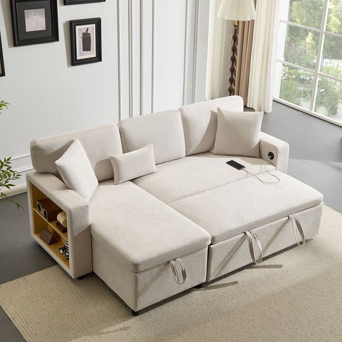 Canapé Convertible Canapé dangle en L avec coffre de rangement et étagère intégrée Blanc Canapé Convertible Canapé dangle en L avec coffre de rangement et étagère intégrée Blanc