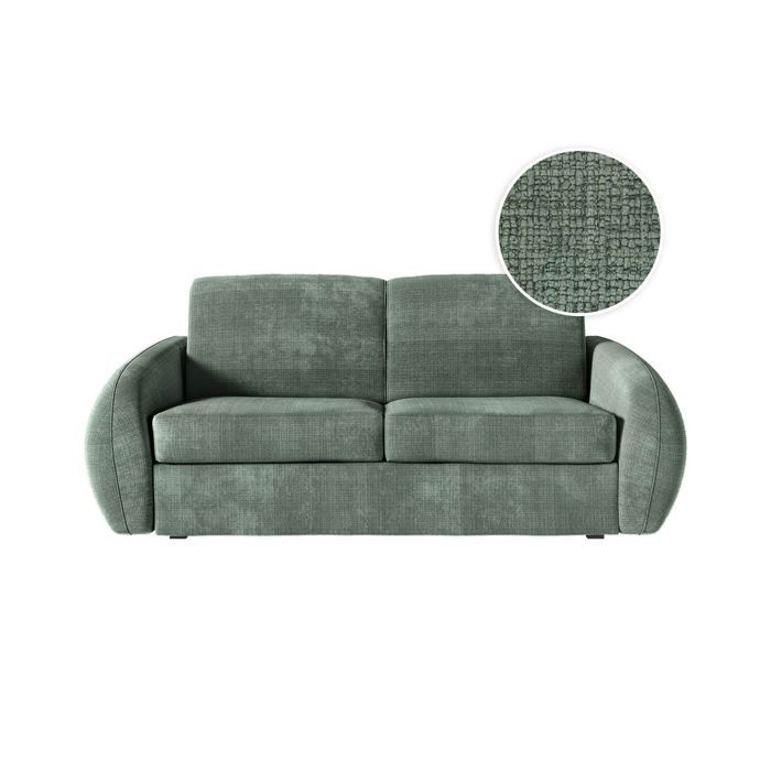 Canapé LOUKA convertible 3 places couchage quotidien 140x190cm matelas 17cm tissu chenille vert