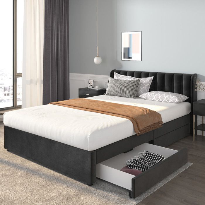 Lit double 160x200 cm - Velours noir - Tête de lit incluse - 2 tiroirs - Sommier à lattes
