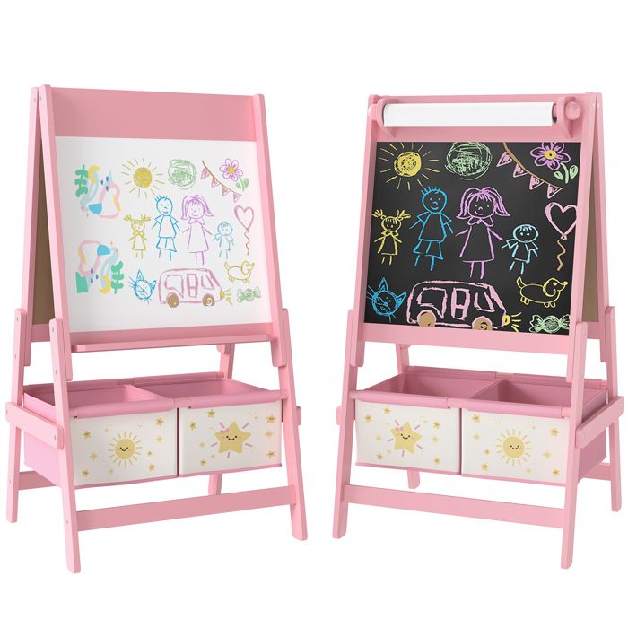 Tableau enfant 3 en 1 - AIYAPLAY - double face - tableau noir et blanc - rouleau de papier - 2 paniers de rangement - 3-8 ans - rose