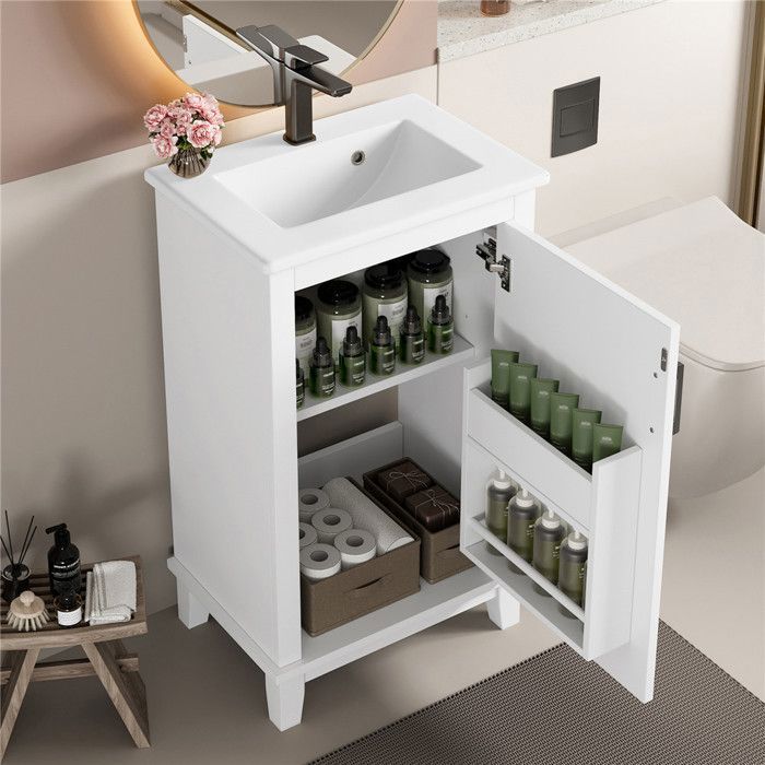 Meuble salle de bain avec vasque intégrée blanc moderne 51x34x83 cm avec rangement et sur pied en bois convient aux petits espaces