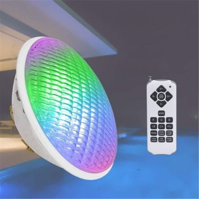 Lampe LED Par56 RGB 18W IP68 pour piscine 12V avec télécommande verre. Éclairage submersible multicolore