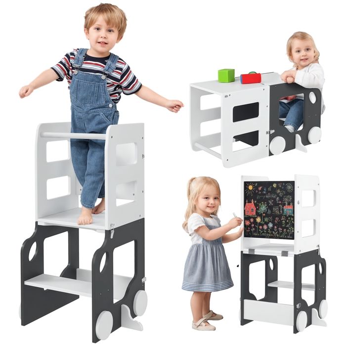 Tour dobservation enfant - AIYAPLAY - 4 en 1 - hauts rebords de sécurité tableau noir/blanc - MDF - 58x46x92cm - gris Tour dobservation enfant - AIYAPLAY - 4 en 1 - hauts rebords de sécurité tableau noir/blanc - MDF - 58x46x92cm - gris