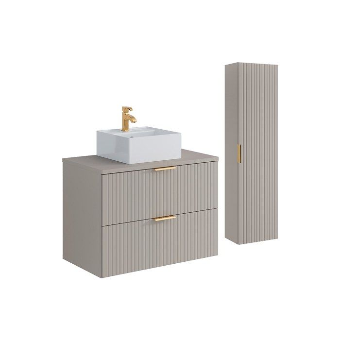 Meuble de salle de bain suspendu strié avec vasque à poser carrée et colonne - Coloris beige - 80 cm - ZEVARA
