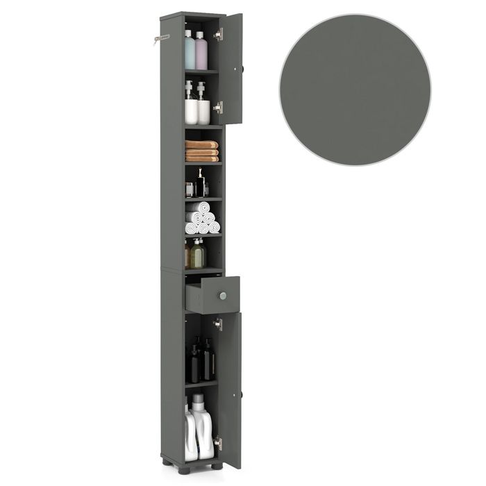COSTWAY Meuble Colonne de Salle de Bain avec 2 Placards à Porte 1 Tiroir et 4 Étagères Réglables 20 x 20 x 180 cm Gris