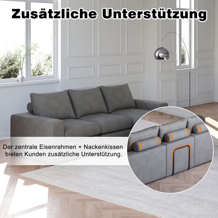 Canapé en velours côtelé avec méridienne - Modulaire - Gris foncé - Velours côtelé - Trois coussins - Coussins de nuque