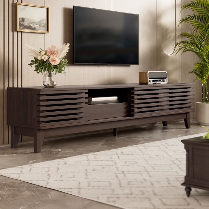 Meuble TV avec tiroir et portes - MODERNLUXE - 170x35x40 cm - 1 tiroir - 3 portes - Étagères ouvertes - Marron Meuble TV avec tiroir et portes - MODERNLUXE - 170x35x40 cm - 1 tiroir - 3 portes - Étagères ouvertes - Marron