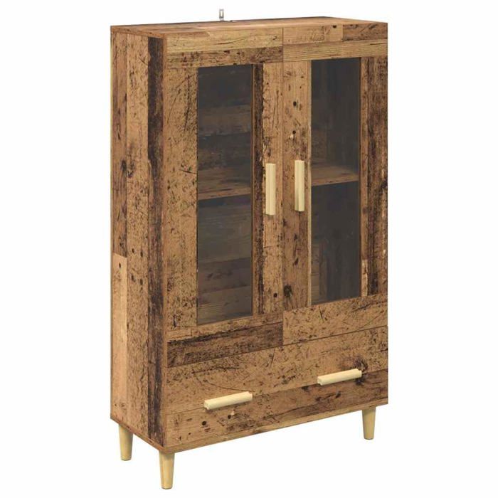 Buffet haut en bois dingénierie - vidaXL - Bois ancien - 70x31x115 cm - Porte vitrée - Tiroir - Grand rangement