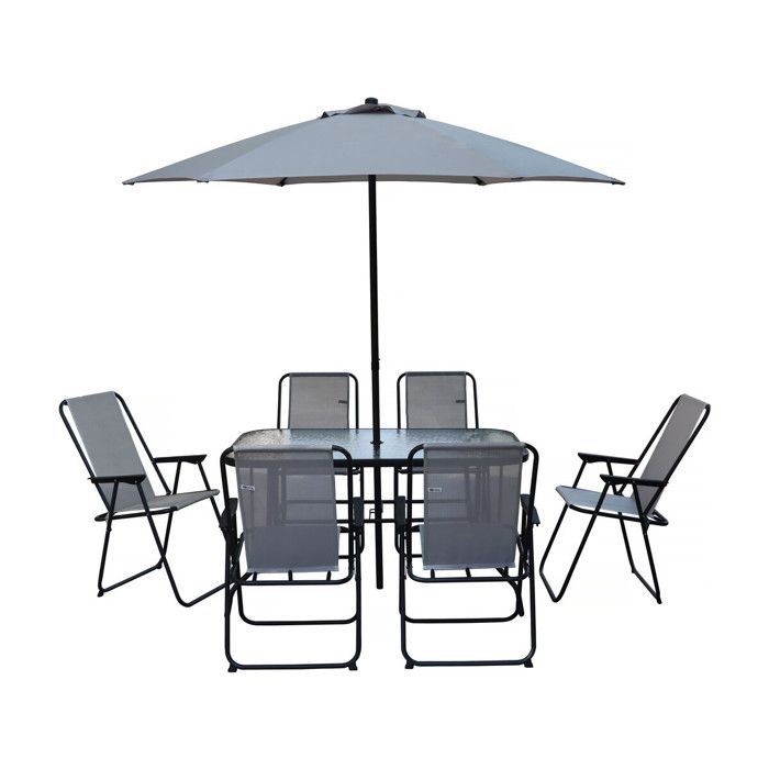 Table et chaises de jardin avec parasol en métal Convivia - 6 places - Gris clair