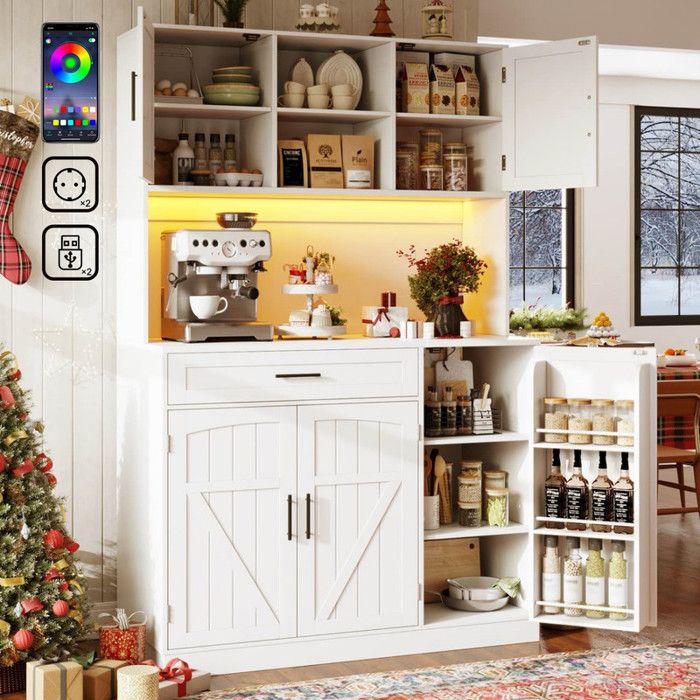 Buffet Cuisine 110 cm avec Éclairage LEDMeuble Haut de Rangement Vaisselier avec 2 Prise et 2 Ports USB ScandinaveBlanc