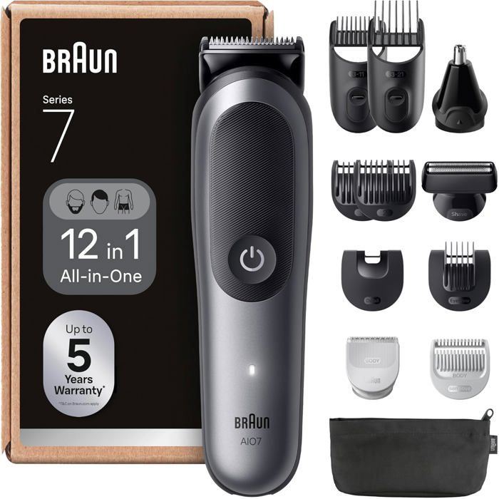 Braun Tondeuse Tout En Un Series 7 Kit 12 En 1 Lame ProBlade Technologie AutoSense 120 Min D'autonomie Protection SkinGuard Barbe En Dégradé Manche AquaGrip Pratique Sous 'eau AIO7545