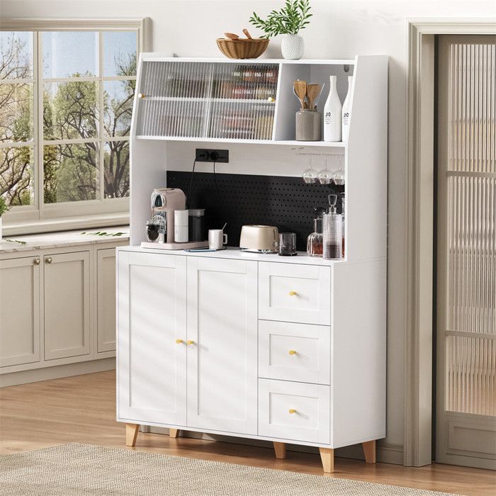 Buffet Salle à Manger 120 cm Blanc Scandinave avec Rangement Panneau Perforé Prise et USB Buffet Cuisine pour Petit Espace