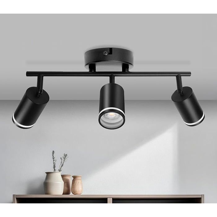 Plafonnier 3 Spots LED Orientable Spots de Plafond GU10 Plafonnier Spot Noir Luminaire Spot Rampe Spot 3 Focos Lineal No PROJECTEUR