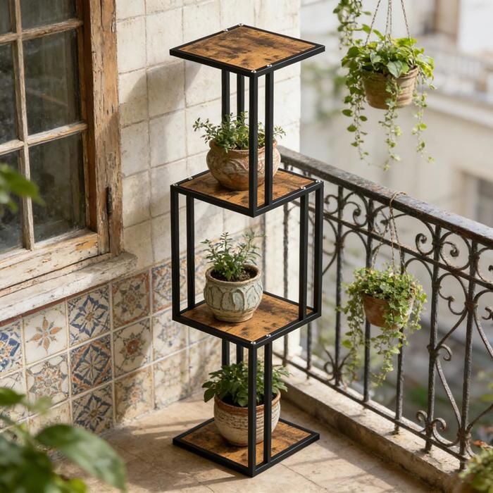 SUPFINE Porte Plante Extérieur Pour Balcon - Support à Plantes Intérieur en Fer + MDF Étagère de Rangement Salon 4 Niveaux