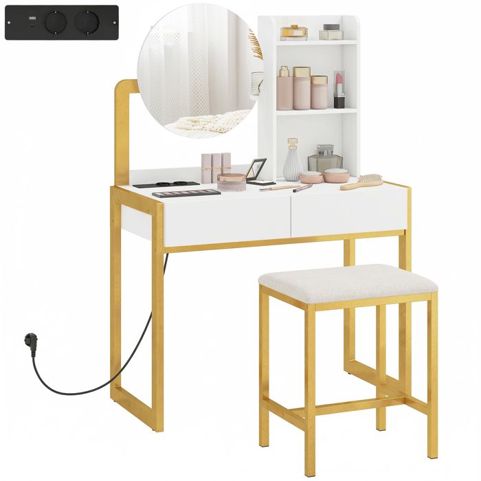 Coiffeuse avec miroir et tabouret - HOMCOM - station de charge - 2 tiroirs 3 étagères ouvertes - métal - 80 x 417 x 130 cm - blanc
