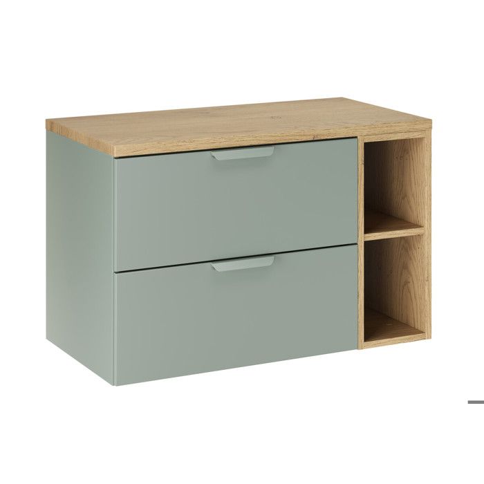 Meuble sous vasque suspendu ASTER vert 80 cm avec extension ouverte et plan en chêne Meuble sous vasque suspendu ASTER vert 80 cm avec extension ouverte et plan en chêne