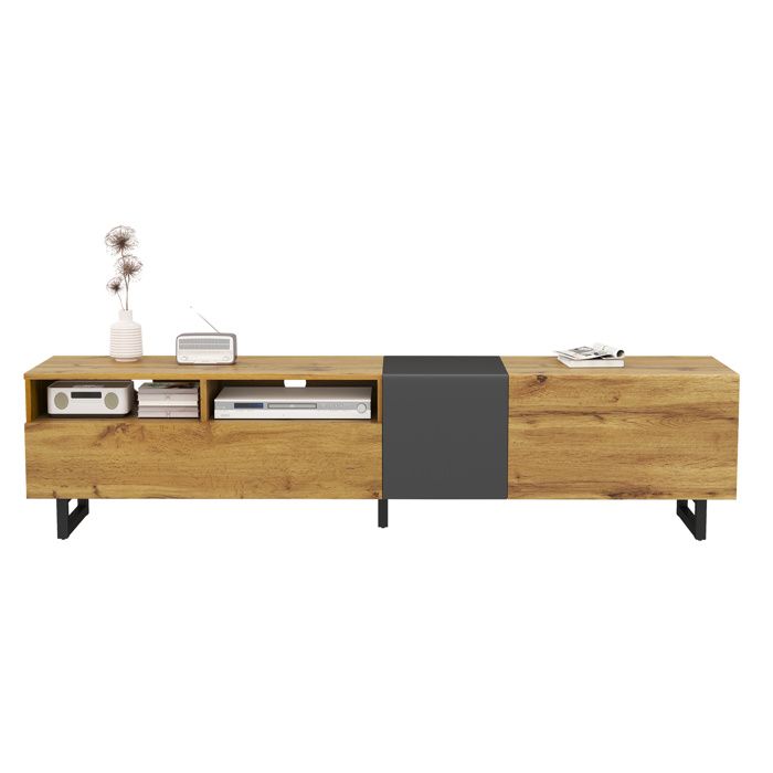 Meuble TV Moderne avec Pieds Métal 3 Portes et 2 Niches Design Rétro Contemporain 170 x 365 x 42 cm Bois et Gris Foncé