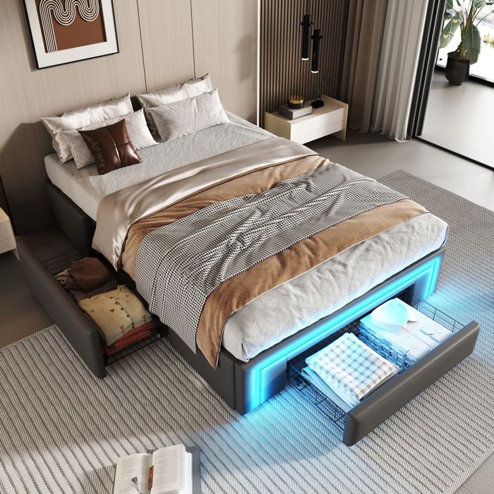 Cadre de lit avec tiroirs - 90x200 cm - Gris - Cuir PU - Bande lumineuse LED - Sommier à lattes métalliques