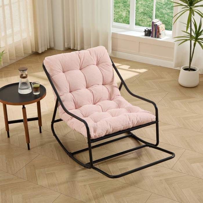 Fauteuil à bascule dextérieur avec coussin épais mouvement réglable structure en acier noir et rose